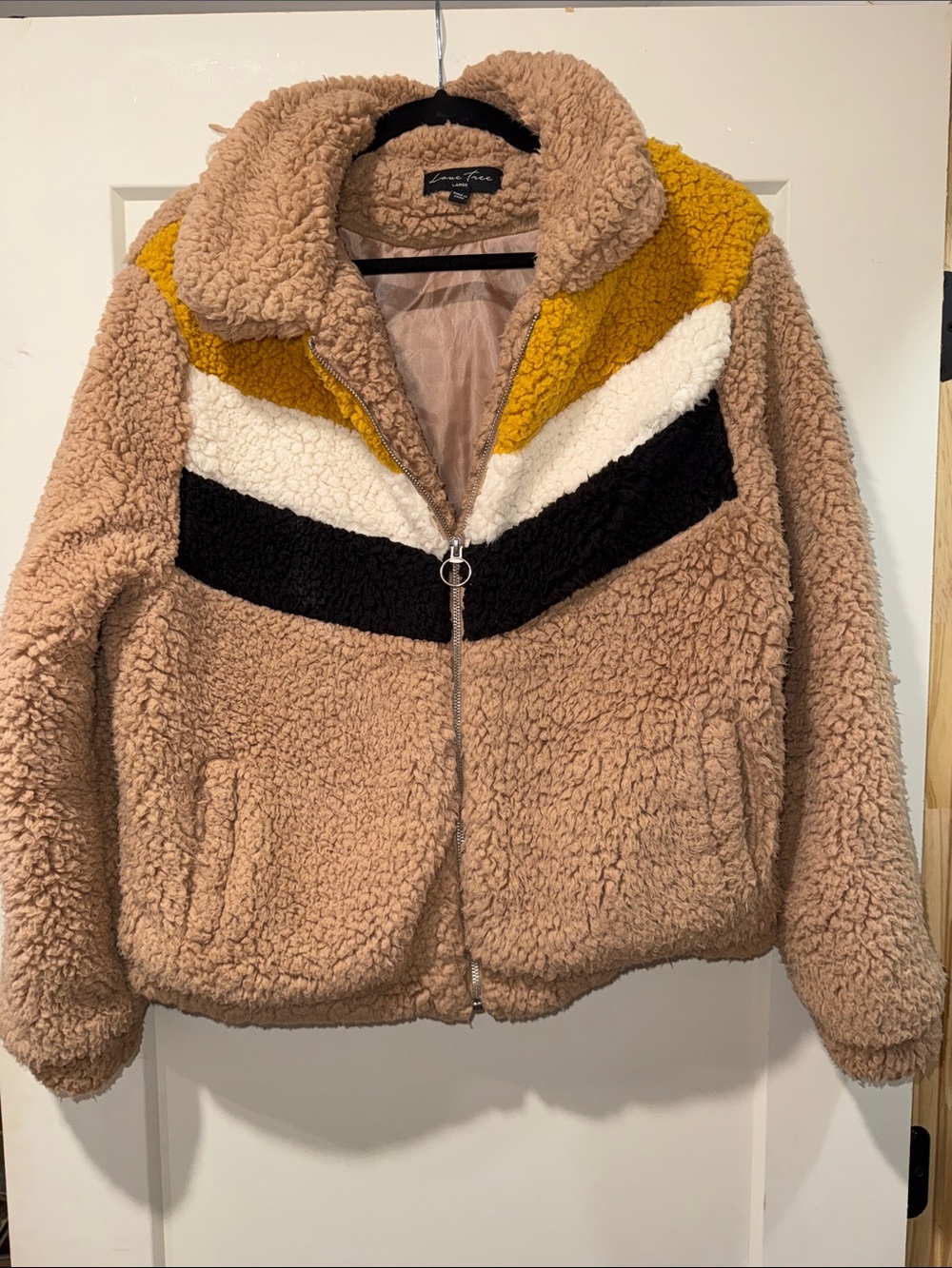 Love Tree Tan Teddy Jacket with Yellow, White & Black Chevron
